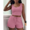 image:imageEkouaer Womens 3 Piece Lounge Set Soft Twisted Rib Knit Summer Vacation Outfits Crop Top Shorts amp Pants Set With PokcetPink