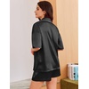 image:imageEkouaer Womens Silk Satin Pajama Set 2 Piece Heart Embroidery Short Sleeve Button Down Pjs Set for Bridal PartyBlack