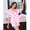 image:imageEkouaer Womens Silk Satin Pajama Set 2 Piece Heart Embroidery Short Sleeve Button Down Pjs Set for Bridal PartyBow Pink