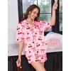 image:imageEkouaer Womens Silk Satin Pajama Set 2 Piece Heart Embroidery Short Sleeve Button Down Pjs Set for Bridal PartyCherry Pink