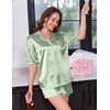 image:imageEkouaer Womens Silk Satin Pajama Set 2 Piece Heart Embroidery Short Sleeve Button Down Pjs Set for Bridal PartyLight Green