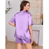 image:imageEkouaer Womens Silk Satin Pajama Set 2 Piece Heart Embroidery Short Sleeve Button Down Pjs Set for Bridal PartyLight Purple