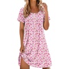 image:imageEkouaer Cotton Nightgowns for Women Short Sleeve House Dress Pleated Night Gown Button Sleep Shirt Ladies NightdressFloral Pink