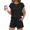 image:imageEkouaer Cotton Two Piece Sets for Women Summer Short Set Crew Neck Matching Sets Cap Sleeve Vacation Outfits With PocketBlack