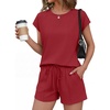 image:imageEkouaer Cotton Two Piece Sets for Women Summer Short Set Crew Neck Matching Sets Cap Sleeve Vacation Outfits With PocketWine Red