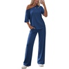 image:imageEkouaer Lounge Sets for Women Off ShoulderRight Short Sleeve Tops and Long Pants 2 Piece Set Summer Soft Matching OutfitBlue