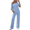 image:imageEkouaer Lounge Sets for Women Off ShoulderRight Short Sleeve Tops and Long Pants 2 Piece Set Summer Soft Matching OutfitClear Blue