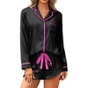 image:imageEkouaer Satin Pajamas Set for Women 2 Piece Silky Long Sleeve and Ruffle Shorts Pajamas Button Down Pjs Loungewear SetBlack