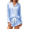 image:imageEkouaer Satin Pajamas Set for Women 2 Piece Silky Long Sleeve and Ruffle Shorts Pajamas Button Down Pjs Loungewear SetBlue