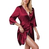image:imageEkouaer Women Silk Robes Short Satin Bathrobe 34 Sleeve Kimono Bride Robe Valentines Silky Sleepwear with Pockets SXXLWine Red