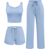 image:imageEkouaer Womens 3 Piece Lounge Set Soft Twisted Rib Knit Summer Vacation Outfits Crop Top Shorts amp Pants Set With PokcetLight Blue