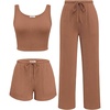 image:imageEkouaer Womens 3 Piece Lounge Set Soft Twisted Rib Knit Summer Vacation Outfits Crop Top Shorts amp Pants Set With PokcetLight Brown
