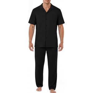 image:imageEKouear Mens Pajamas Set Short Sleeve pjs sets Classic Button Down Sleepwear Long Pants Lounge Set with PocketBlack