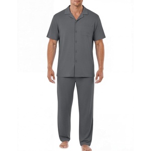 image:imageEKouear Mens Pajamas Set Short Sleeve pjs sets Classic Button Down Sleepwear Long Pants Lounge Set with PocketDeep Gray