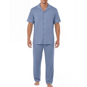 image:imageEKouear Mens Pajamas Set Short Sleeve pjs sets Classic Button Down Sleepwear Long Pants Lounge Set with PocketGray Blue