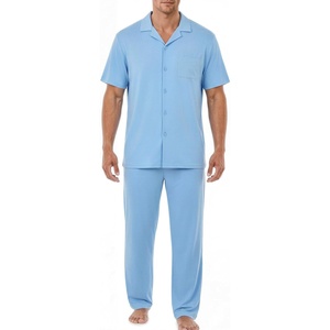 image:imageEKouear Mens Pajamas Set Short Sleeve pjs sets Classic Button Down Sleepwear Long Pants Lounge Set with PocketLight Blue