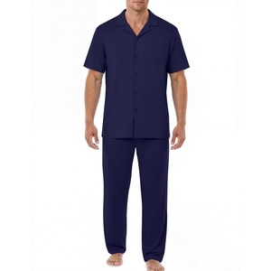 image:imageEKouear Mens Pajamas Set Short Sleeve pjs sets Classic Button Down Sleepwear Long Pants Lounge Set with PocketNavy Blue
