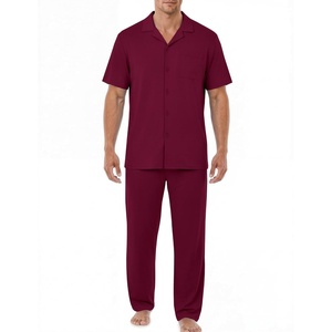 image:imageEKouear Mens Pajamas Set Short Sleeve pjs sets Classic Button Down Sleepwear Long Pants Lounge Set with PocketWine Red
