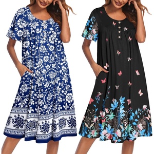 image:imageEkouaer 2 Pack House Dresses for Women with Pockets Short Sleeve Moomoo Nightgown Plus Size Mumu Dress Floral Lounge DressBohemian Flowers BlueButterfly Black