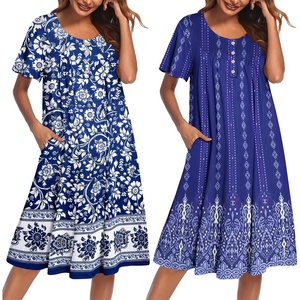 image:imageEkouaer 2 Pack House Dresses for Women with Pockets Short Sleeve Moomoo Nightgown Plus Size Mumu Dress Floral Lounge DressBohemian Flowers BlueFloral Blue