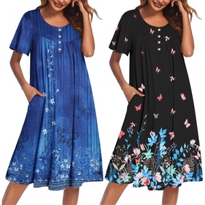 image:imageEkouaer 2 Pack House Dresses for Women with Pockets Short Sleeve Moomoo Nightgown Plus Size Mumu Dress Floral Lounge DressButterfly BlackEthnic Print Blue