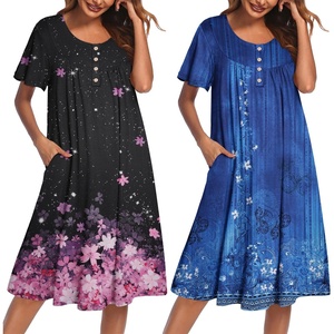 image:imageEkouaer 2 Pack House Dresses for Women with Pockets Short Sleeve Moomoo Nightgown Plus Size Mumu Dress Floral Lounge DressCherry Blossoms BlackEthnic Print Blue