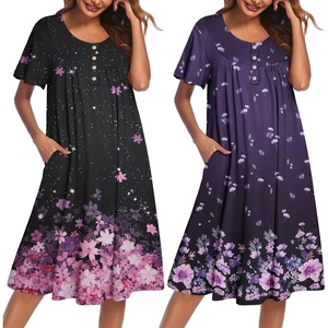 image:imageEkouaer 2 Pack House Dresses for Women with Pockets Short Sleeve Moomoo Nightgown Plus Size Mumu Dress Floral Lounge DressCherry Blossoms BlackFloral Purple
