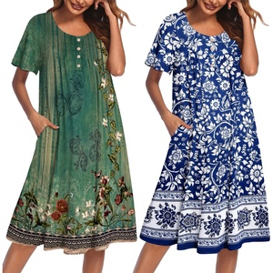 image:imageEkouaer 2 Pack House Dresses for Women with Pockets Short Sleeve Moomoo Nightgown Plus Size Mumu Dress Floral Lounge DressFloral GreenBohemian Flowers Blue