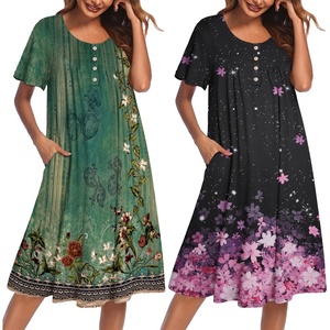 image:imageEkouaer 2 Pack House Dresses for Women with Pockets Short Sleeve Moomoo Nightgown Plus Size Mumu Dress Floral Lounge DressFloral GreenCherry Blossoms Black