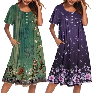 image:imageEkouaer 2 Pack House Dresses for Women with Pockets Short Sleeve Moomoo Nightgown Plus Size Mumu Dress Floral Lounge DressFloral GreenFloral Purple