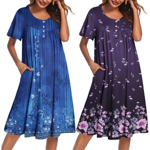 image:imageEkouaer 2 Pack House Dresses for Women with Pockets Short Sleeve Moomoo Nightgown Plus Size Mumu Dress Floral Lounge DressFloral PurpleEthnic Print Blue