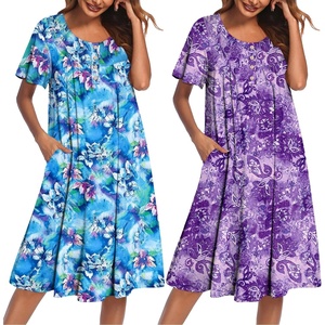 image:imageEkouaer 2 Pack House Dresses for Women with Pockets Short Sleeve Moomoo Nightgown Plus Size Mumu Dress Floral Lounge DressPrint BluePrint Purple