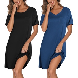 image:imageEkouaer 2 Pack Nightgowns for Women Bamboo Viscose Sleep Shirts Short Sleeve Nightshirt V neck Sleepdress Soft SleepwearBlackBlue