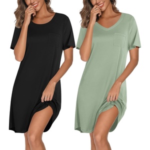 image:imageEkouaer 2 Pack Nightgowns for Women Bamboo Viscose Sleep Shirts Short Sleeve Nightshirt V neck Sleepdress Soft SleepwearBlackLight Green