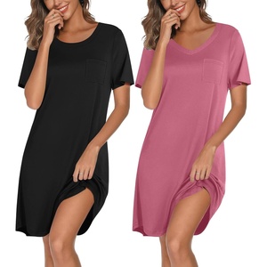 image:imageEkouaer 2 Pack Nightgowns for Women Bamboo Viscose Sleep Shirts Short Sleeve Nightshirt V neck Sleepdress Soft SleepwearBlackRose Pink