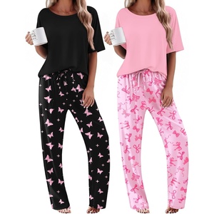 image:imageEkouaer 2 Pack Womens Pajama Sets Short Sleeve Tops and Long Pants Casual Comfy Pjs Lounge Set with PocketsSXXLBlack ButterflyPink Butterfly