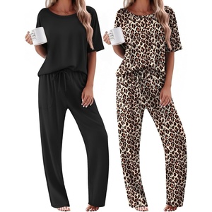 image:imageEkouaer 2 Pack Womens Pajama Sets Short Sleeve Tops and Long Pants Casual Comfy Pjs Lounge Set with PocketsSXXLBlackLeopard