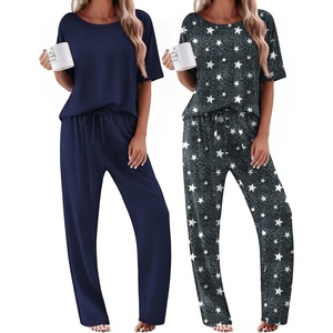 image:imageEkouaer 2 Pack Womens Pajama Sets Short Sleeve Tops and Long Pants Casual Comfy Pjs Lounge Set with PocketsSXXLDark Grey StarsNavy