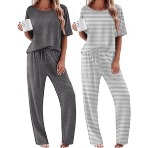 image:imageEkouaer 2 Pack Womens Pajama Sets Short Sleeve Tops and Long Pants Casual Comfy Pjs Lounge Set with PocketsSXXLDark GreyGrey Striped
