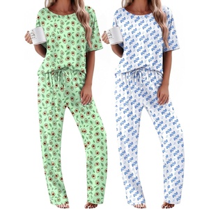 image:imageEkouaer 2 Pack Womens Pajama Sets Short Sleeve Tops and Long Pants Casual Comfy Pjs Lounge Set with PocketsSXXLGreen AvocadoBlue Whale