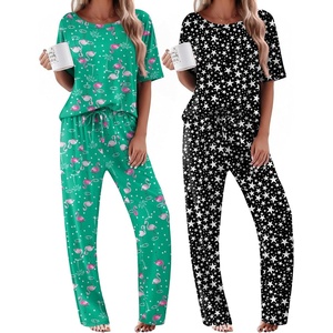 image:imageEkouaer 2 Pack Womens Pajama Sets Short Sleeve Tops and Long Pants Casual Comfy Pjs Lounge Set with PocketsSXXLGreen FlamingoBlack Stars