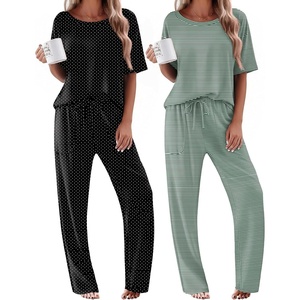 image:imageEkouaer 2 Pack Womens Pajama Sets Short Sleeve Tops and Long Pants Casual Comfy Pjs Lounge Set with PocketsSXXLGreen StripedBlack Dots