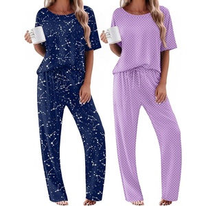 image:imageEkouaer 2 Pack Womens Pajama Sets Short Sleeve Tops and Long Pants Casual Comfy Pjs Lounge Set with PocketsSXXLLilac DotsNavy Star