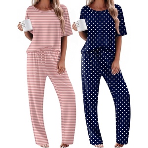 image:imageEkouaer 2 Pack Womens Pajama Sets Short Sleeve Tops and Long Pants Casual Comfy Pjs Lounge Set with PocketsSXXLNavy DotsLight Pink Striped