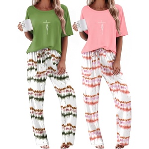 image:imageEkouaer 2 Pack Womens Pajama Sets Short Sleeve Tops and Long Pants Casual Comfy Pjs Lounge Set with PocketsSXXLOmbre GreenOmbre Pink