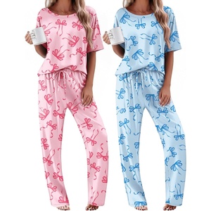 image:imageEkouaer 2 Pack Womens Pajama Sets Short Sleeve Tops and Long Pants Casual Comfy Pjs Lounge Set with PocketsSXXLPink BowBlue Bow