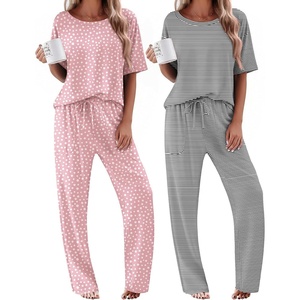 image:imageEkouaer 2 Pack Womens Pajama Sets Short Sleeve Tops and Long Pants Casual Comfy Pjs Lounge Set with PocketsSXXLPink DotsBlack Striped