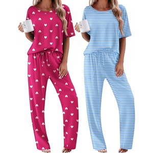 image:imageEkouaer 2 Pack Womens Pajama Sets Short Sleeve Tops and Long Pants Casual Comfy Pjs Lounge Set with PocketsSXXLRose HeartLight Blue Striped