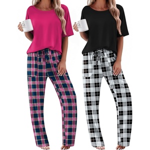 image:imageEkouaer 2 Pack Womens Pajama Sets Short Sleeve Tops and Long Pants Casual Comfy Pjs Lounge Set with PocketsSXXLRose PlaidBlack Plaid