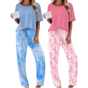 image:imageEkouaer 2 Pack Womens Pajama Sets Short Sleeve Tops and Long Pants Casual Comfy Pjs Lounge Set with PocketsSXXLTiedye BlueTiedye Pink